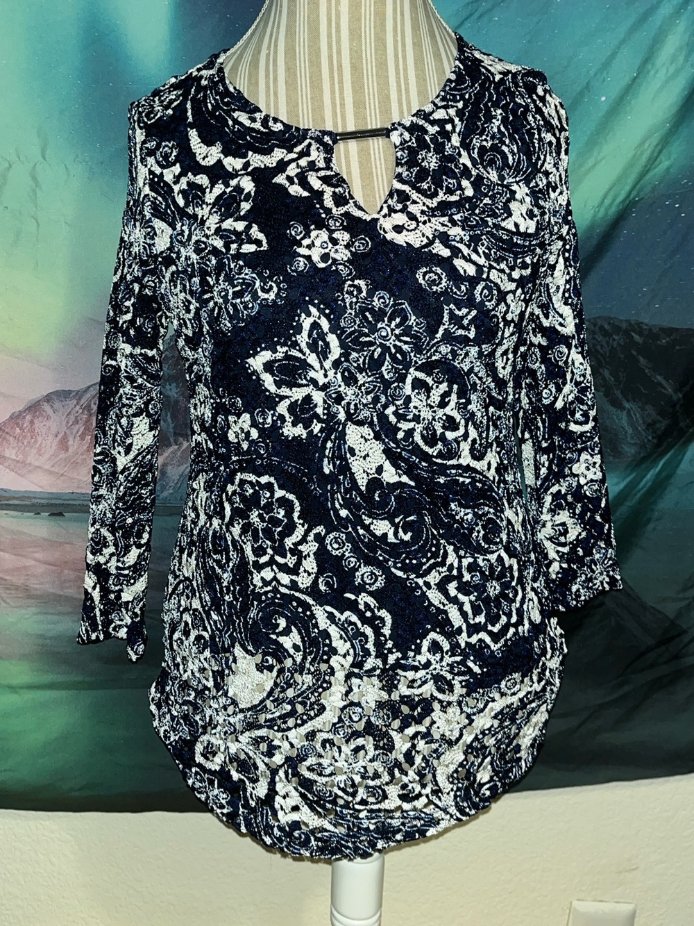 JM Collection Navy and White Paisley Keyhole Long Sleeve Top